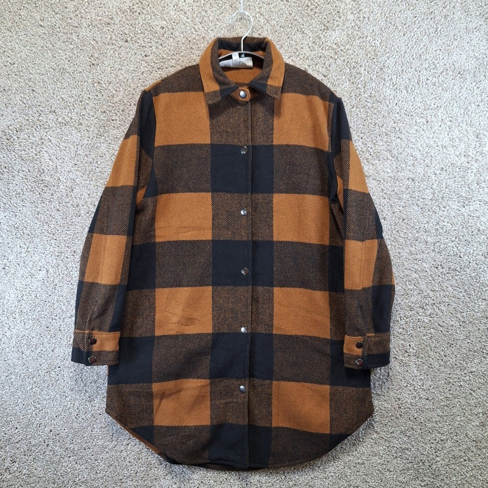 BB Dakota Steve Madden Shacket Womens S Brown Buffalo Check Plaid Snap Up Cozy